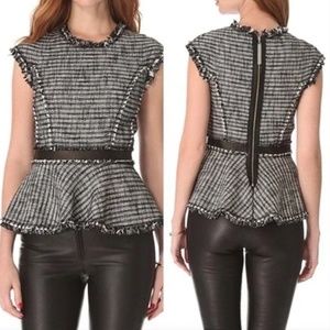 Rebecca Taylor Tweed Peplum Leather Fringe Trim Top Size 6 Color Gray/Black